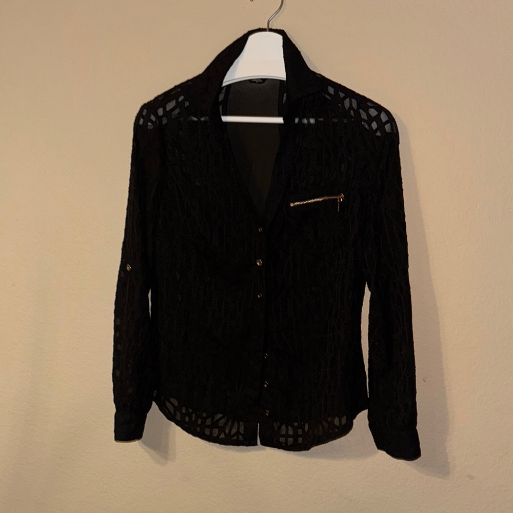 Bebe Black Sheer Geometric Blouse